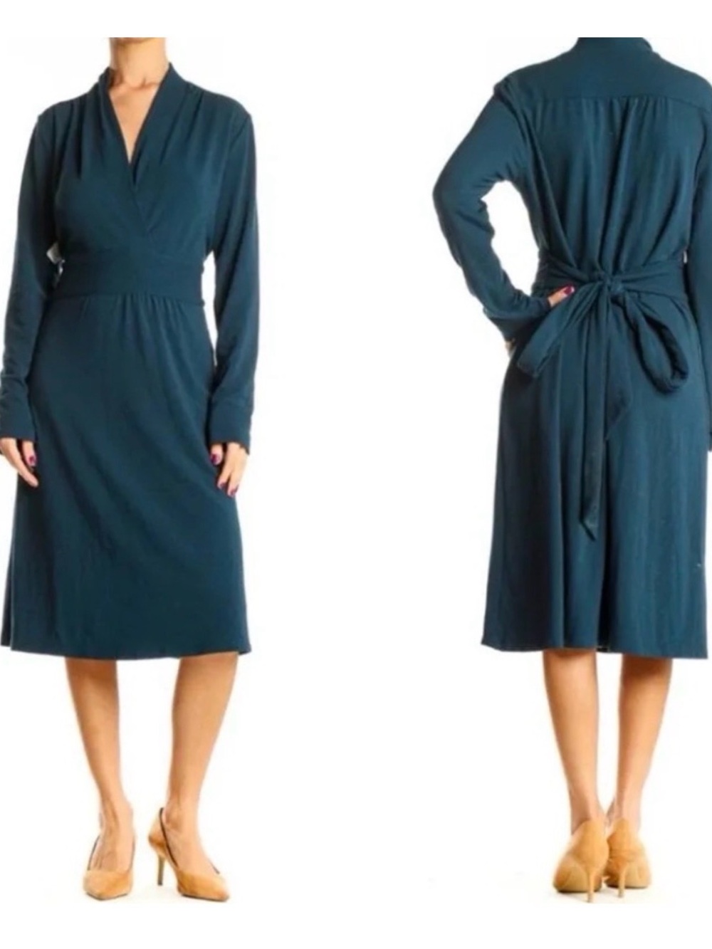 CAbi Deep Teal Wrap Midi Dress with Self-Tie Belt